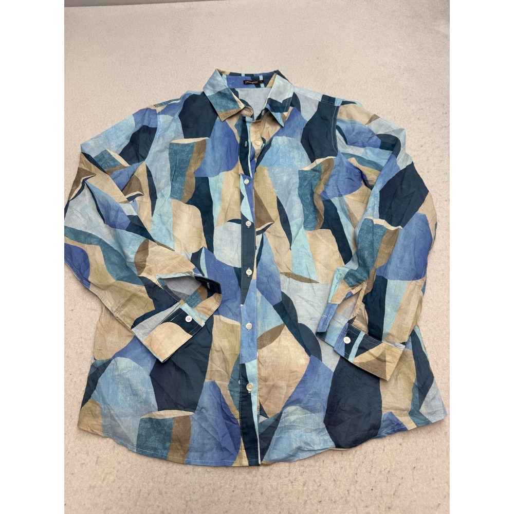 J. McLaughlin Shirt Womens Large Blue Geometric Button Front Long Sleeve Top